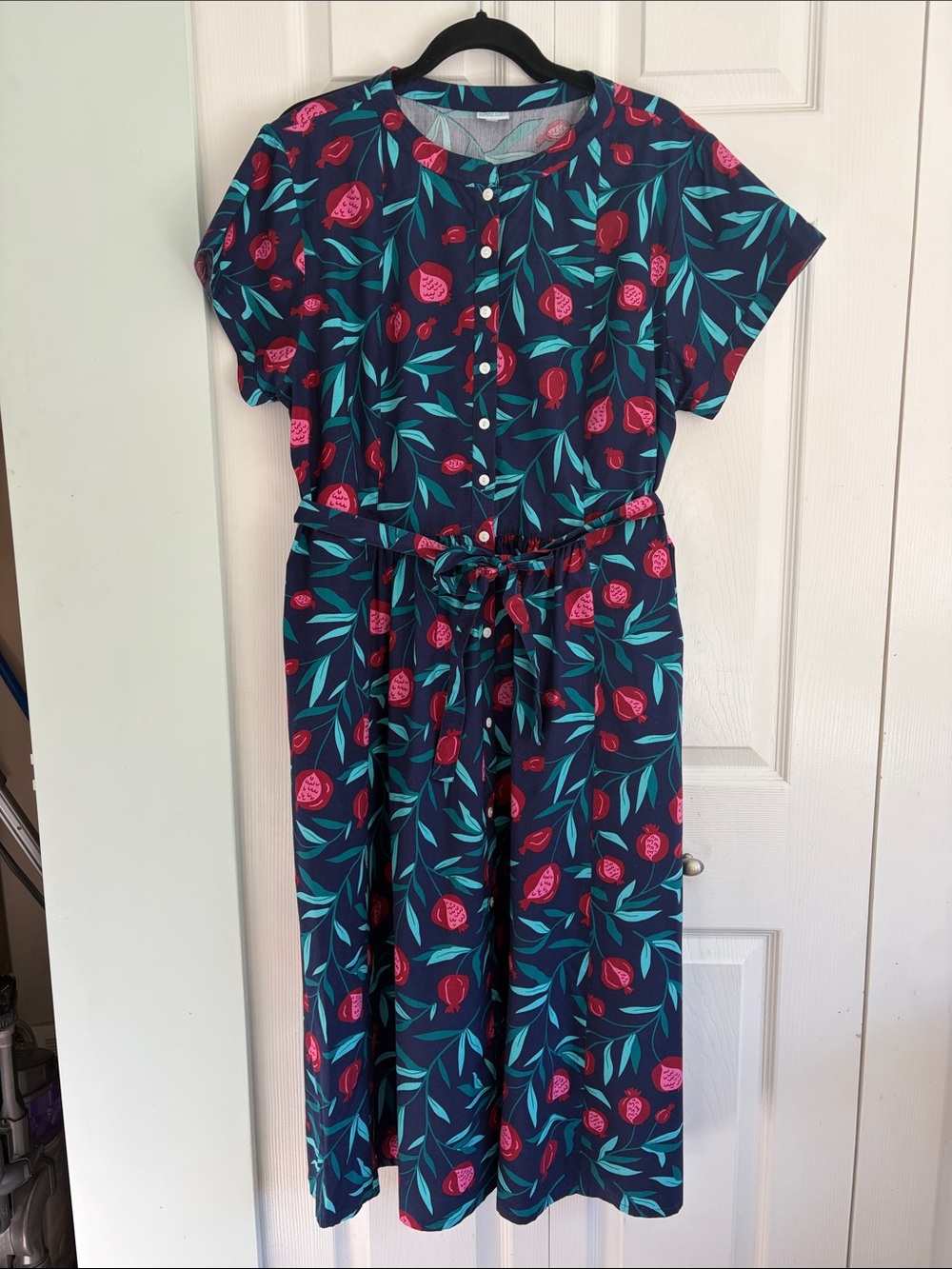 Navy Midi Dress with burgundy /pink pomegranate Print and Self-Tie Waist